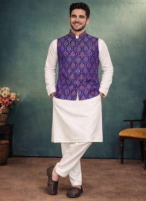 purple jacquard weaving cotton silk koti kurta pajama set 3