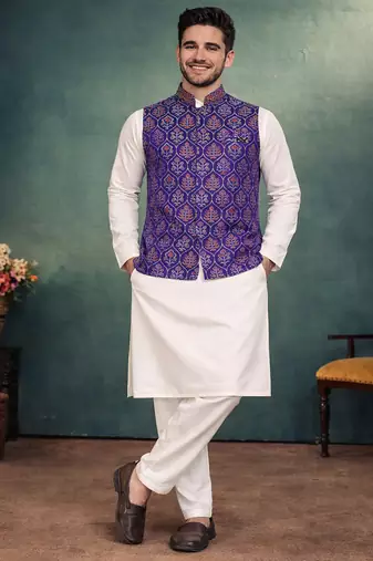 purple jacquard weaving cotton silk koti kurta pajama set