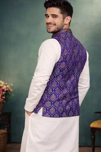 purple jacquard weaving cotton silk koti kurta pajama set