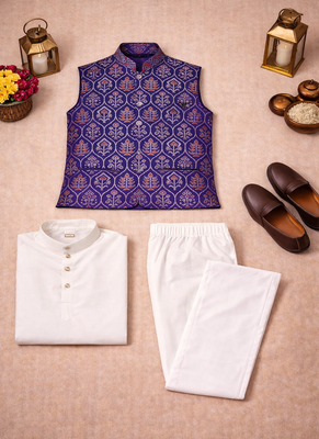 purple jacquard weaving cotton silk koti kurta pajama set 5