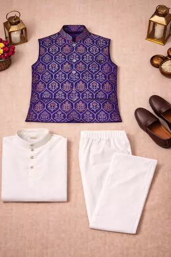 purple jacquard weaving cotton silk koti kurta pajama set