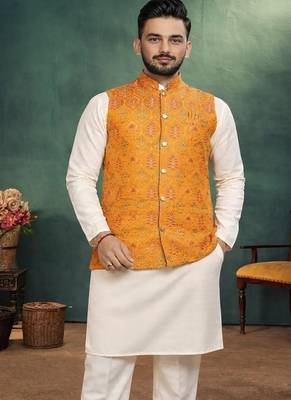 yellow jacquard weaving cotton silk koti kurta pajama set 1
