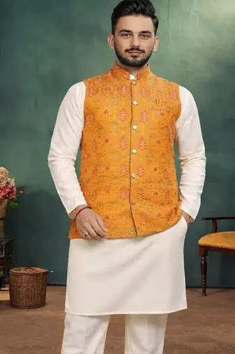 yellow jacquard weaving cotton silk koti kurta pajama set