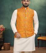 yellow jacquard weaving cotton silk koti kurta pajama set