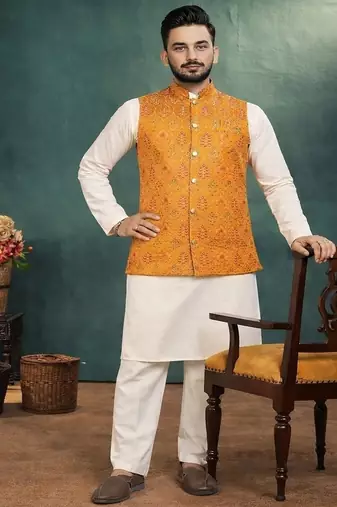 yellow jacquard weaving cotton silk koti kurta pajama set