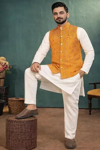 yellow jacquard weaving cotton silk koti kurta pajama set