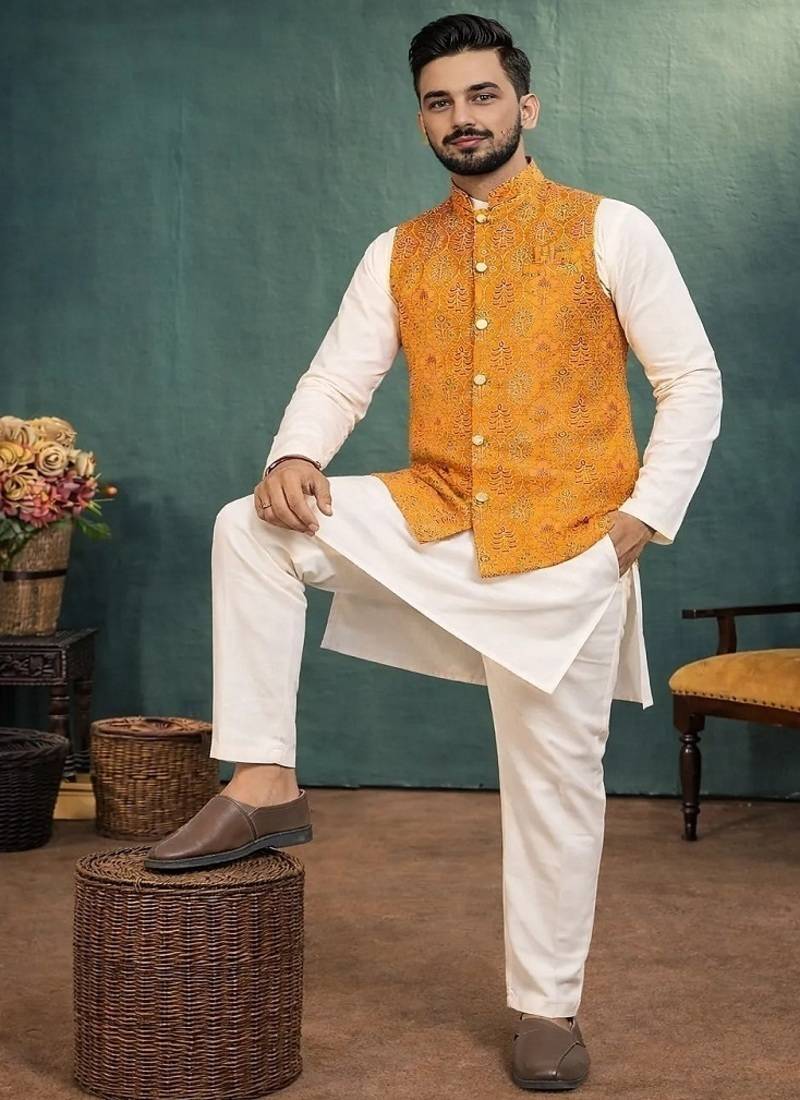 yellow jacquard weaving cotton silk koti kurta pajama set