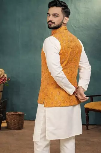 yellow jacquard weaving cotton silk koti kurta pajama set