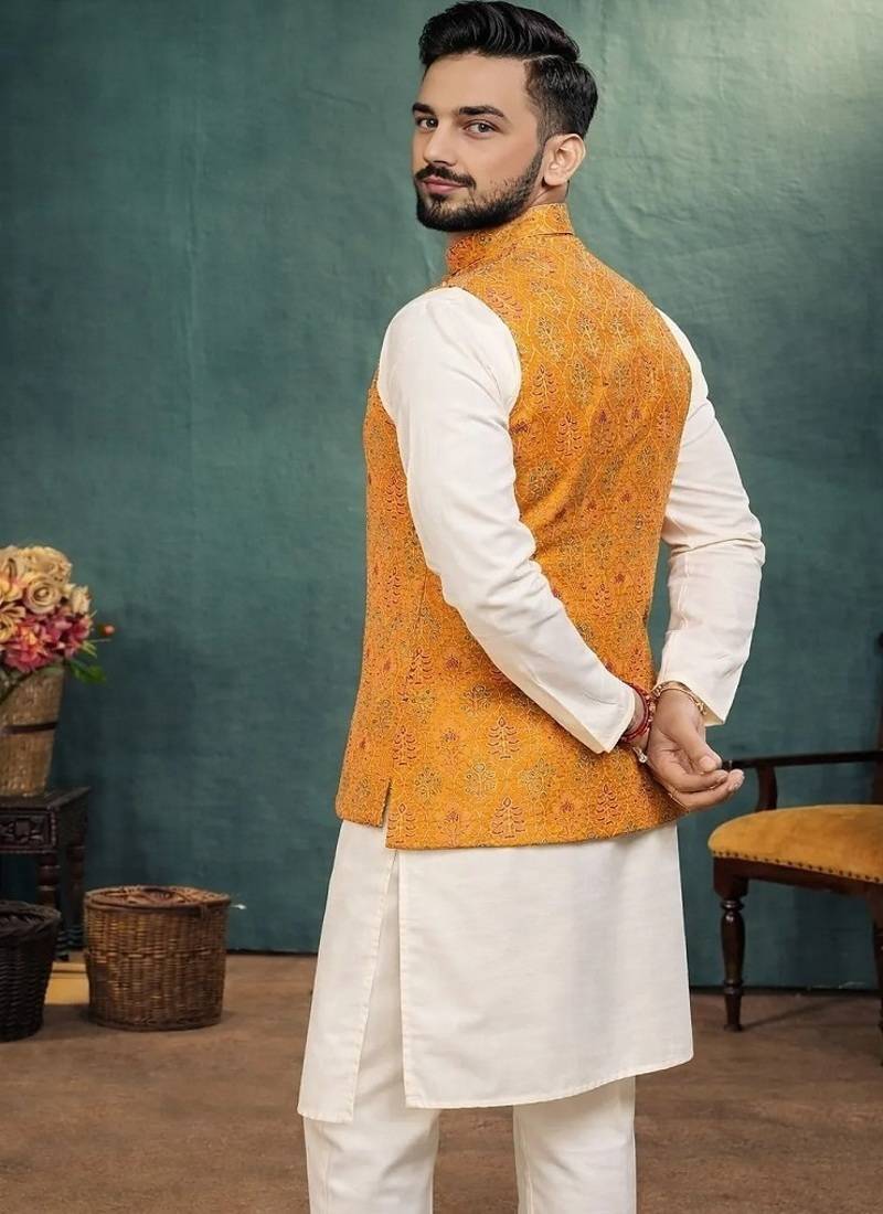 yellow jacquard weaving cotton silk koti kurta pajama set