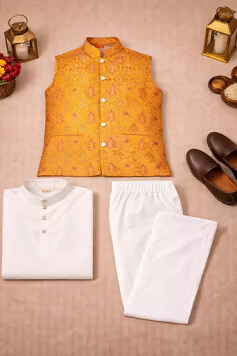 yellow jacquard weaving cotton silk koti kurta pajama set