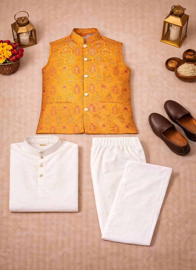 yellow jacquard weaving cotton silk koti kurta pajama set