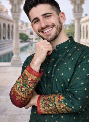 green color patola print dola silk kurta pajama set 1
