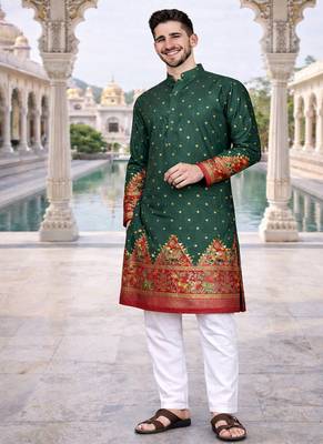 green color patola print dola silk kurta pajama set 2
