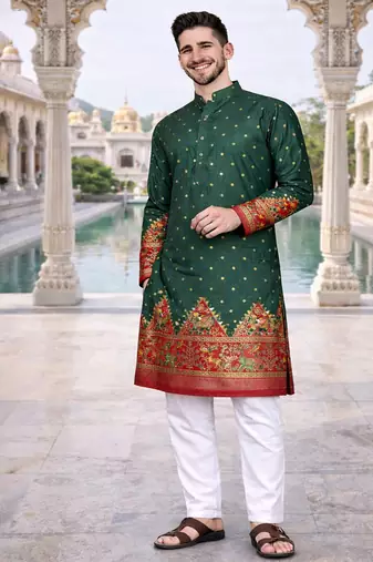 green color patola print dola silk kurta pajama set