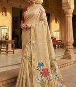 cream cotton saree with multicolor floral pallu