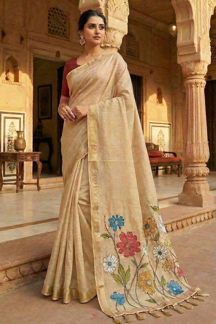 Cream muga cotton meenakari & azarakh pallu saree with contrast blouse