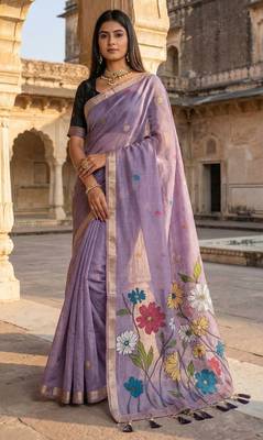 lavender cotton saree with colorful floral pallu 1