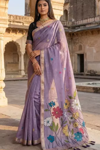 lavender cotton saree with colorful floral pallu