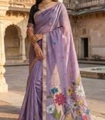 lavender cotton saree with colorful floral pallu