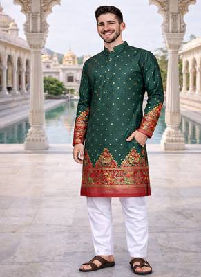 green color patola print dola silk kurta pajama set 3