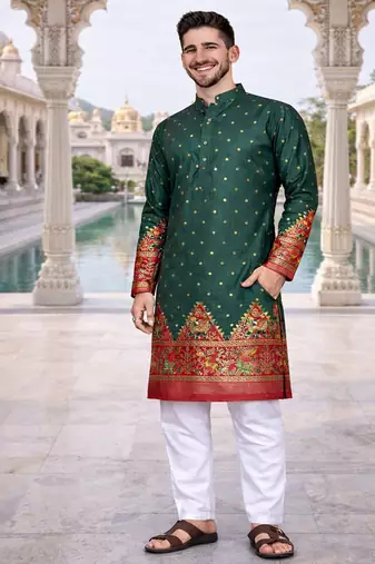 green color patola print dola silk kurta pajama set