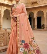 peach pink cotton saree with floral ajrakh pallu