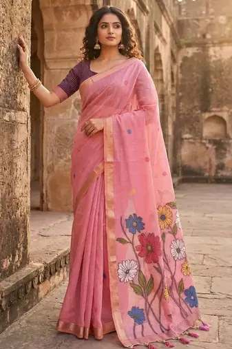pink muga cotton saree with floral ajrakh pallu
