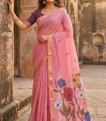 pink muga cotton saree with floral ajrakh pallu