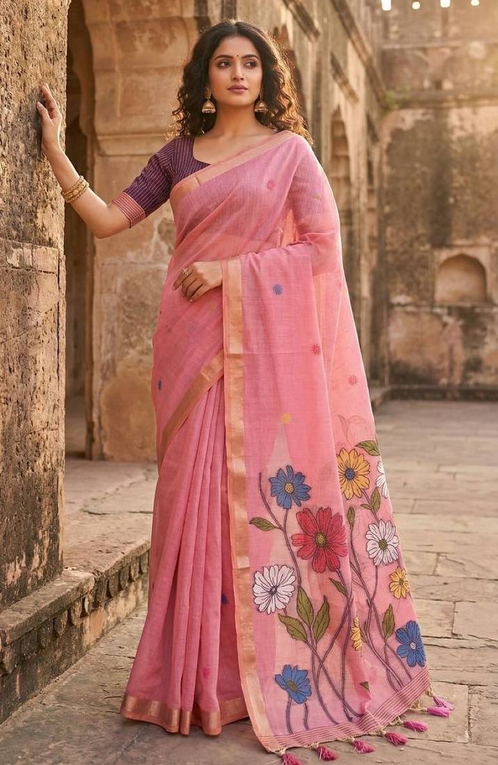 Pink muga cotton meenakari & azarakh pallu saree with contrast blouse