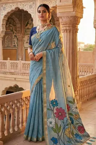 sky blue cotton saree with floral designer pallu
