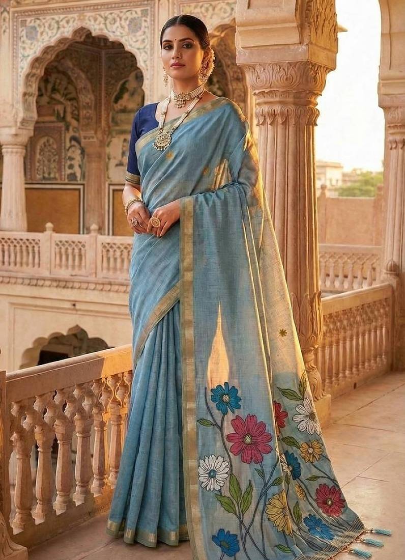 Sky blue muga cotton meenakari & azarakh pallu saree with contrast blouse