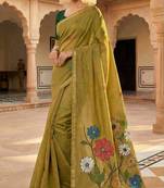 yellow cotton saree with multicolor floral pallu
