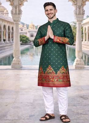 green color patola print dola silk kurta pajama set 4