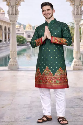green color patola print dola silk kurta pajama set