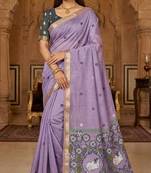 lavender muga cotton saree with meenakari pallu