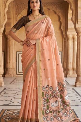Peach muga cotton meenakari & azarakh pallu saree with contrast blouse