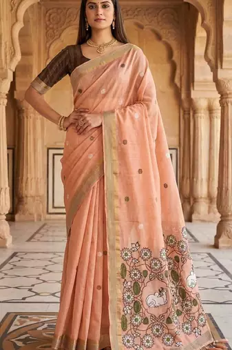 peach muga cotton saree with meenakari pallu