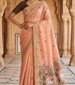 peach muga cotton saree with meenakari pallu