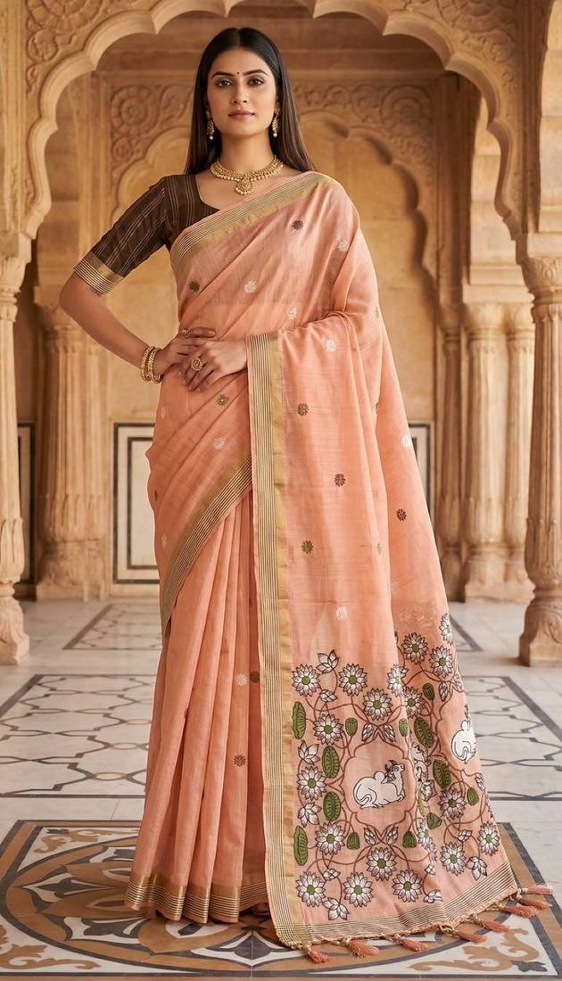 Peach muga cotton meenakari & azarakh pallu saree with contrast blouse