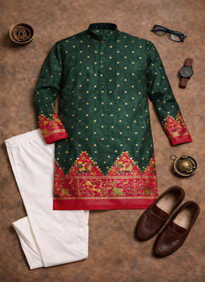 green color patola print dola silk kurta pajama set 5