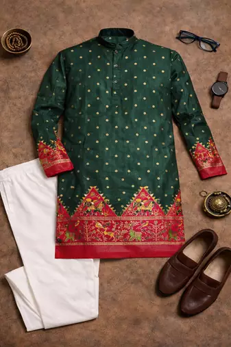 green color patola print dola silk kurta pajama set