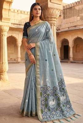 sky blue muga cotton saree floral meenakari pallu 1
