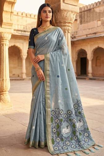 Sky blue muga cotton meenakari & azarakh pallu saree with contrast blouse