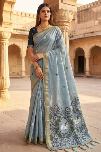 sky blue muga cotton saree floral meenakari pallu