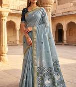 sky blue muga cotton saree floral meenakari pallu