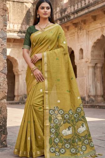 Yellow muga cotton meenakari & azarakh pallu saree with contrast blouse