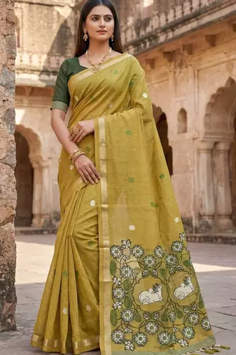 yellow muga cotton saree floral heritage pallu