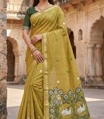 yellow muga cotton saree floral heritage pallu