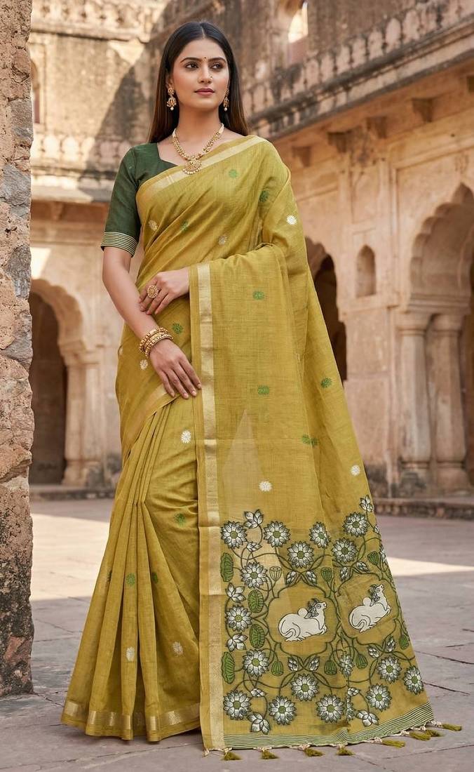 Yellow muga cotton meenakari & azarakh pallu saree with contrast blouse