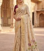 cream muga cotton saree with meenakari & munia weaving pallu